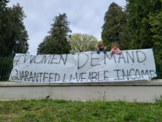 #womendemand Guaranteed Livable Income. Banner New Westminster
